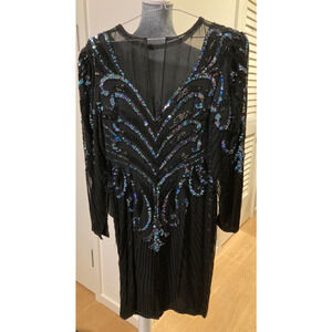 Vtg A.J. Bari Beaded Sequin Black 100% Silk Sheer Cutout Dress Size 4